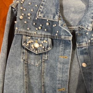 Stylish Blue Denim Jacket with Pearl Details